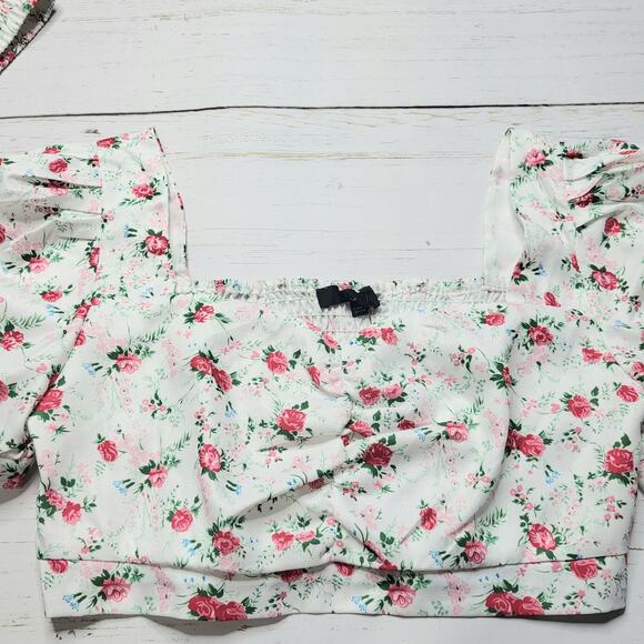Lulus Cute Factor White Floral Puff Sleeve Crop Top Tiered Mini Skirt Set Large - Picture 5 of 13